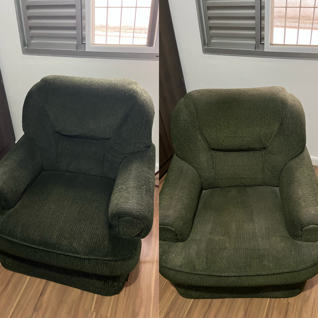 Antes e depois da limpeza de poltrona