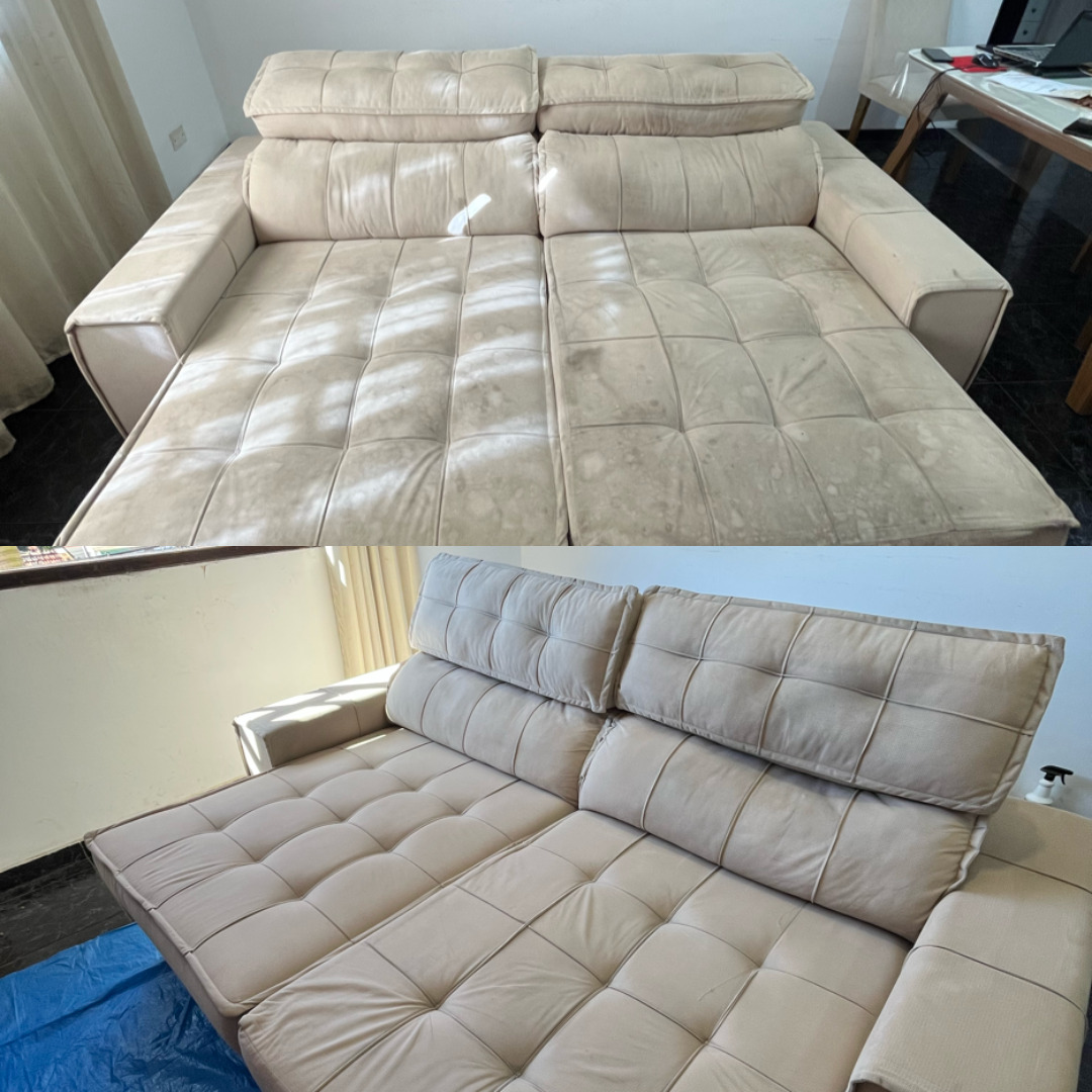 Antes e depois da higienização de sofá realizada pela Zellar Prime